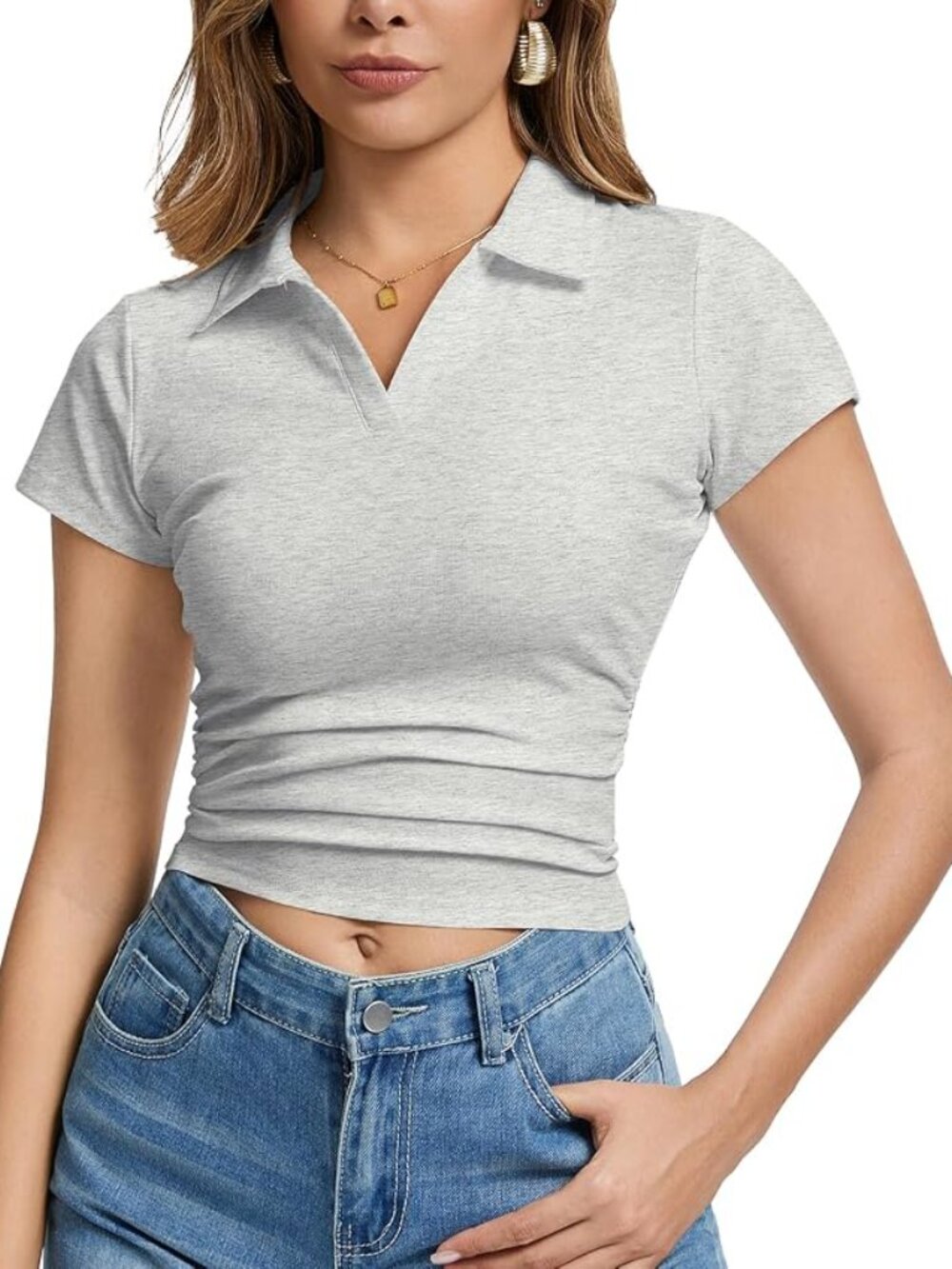 Gray Collared Short-Sleeve Women's Top